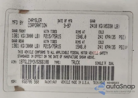 1997 Dodge Dakota Slt/Sport from USA, damaged, VIN 1B7GL23Y3VS266188